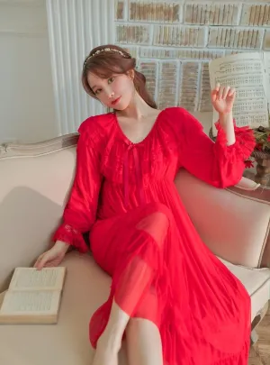 Vintage Luxury Modal Gauze Women's Long Nightgowns, Long Sleeve Soft Lace Spring Autumn Loose Nightdress