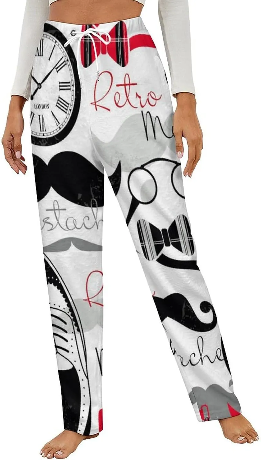 Vintage Mustache Pattern Women's Flannel Pajama Pants Fleece Lounge Sleep Bottoms PJ