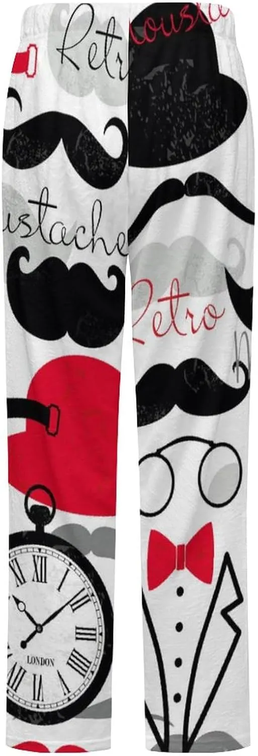 Vintage Mustache Pattern Women's Flannel Pajama Pants Fleece Lounge Sleep Bottoms PJ