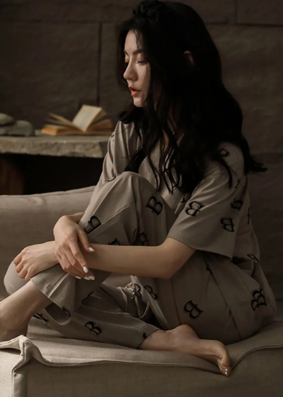 Vintage Peter Pan Collar Graphic Print Button Cotton Couple Pajamas Two Pieces Set Summer