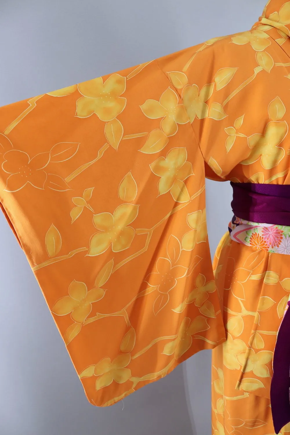 Vintage Silk Kimono Robe in Orange with Yellow Flowers