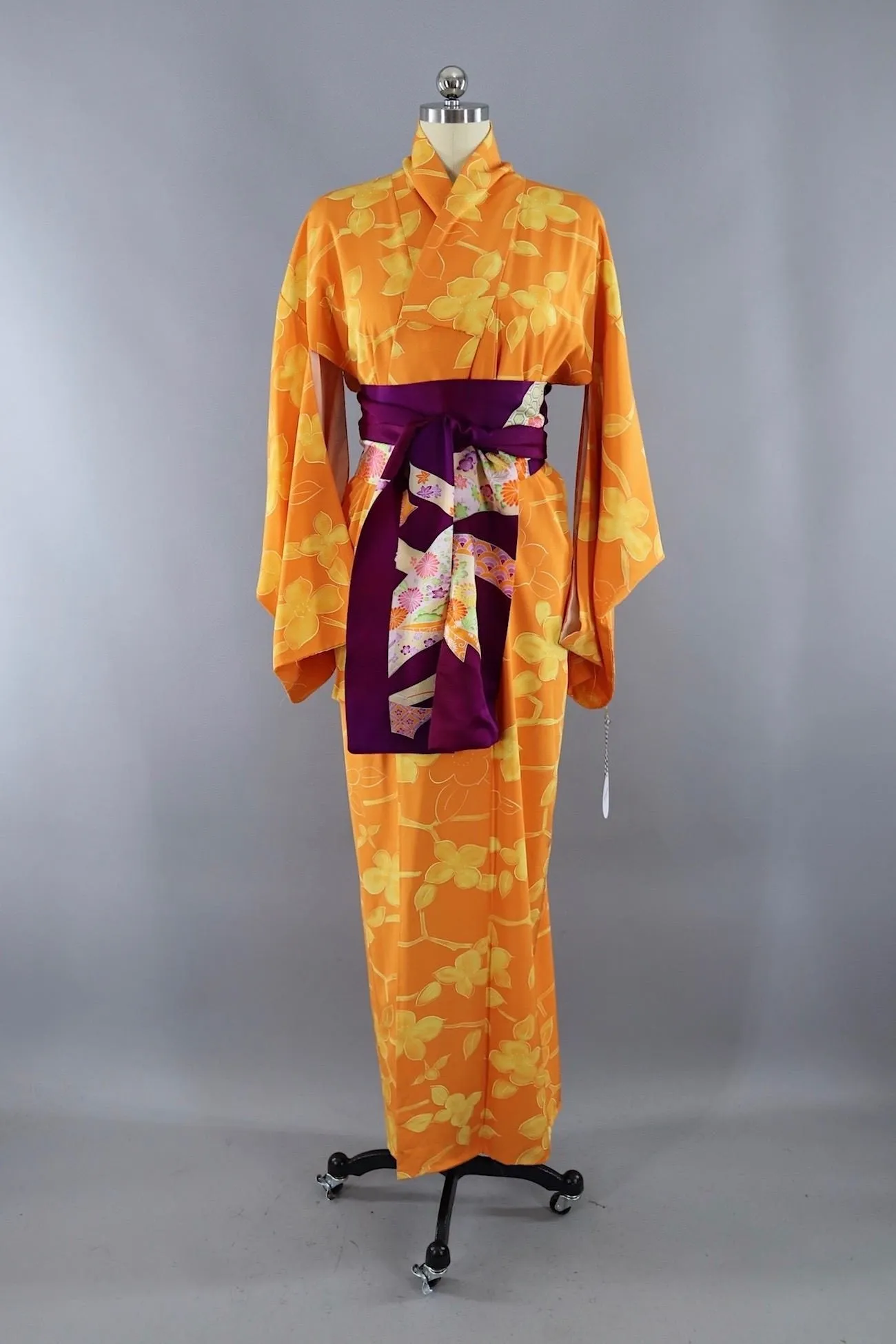 Vintage Silk Kimono Robe in Orange with Yellow Flowers