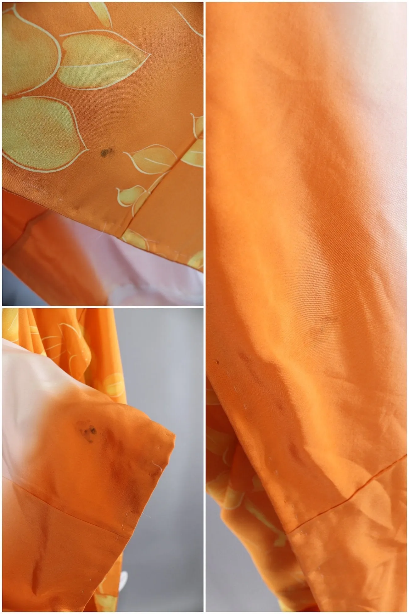 Vintage Silk Kimono Robe in Orange with Yellow Flowers