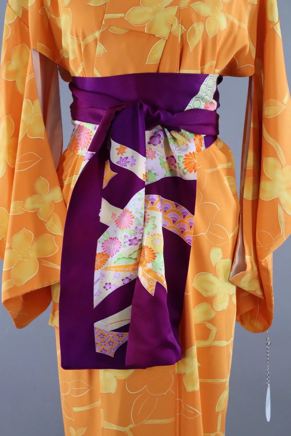 Vintage Silk Kimono Robe in Orange with Yellow Flowers