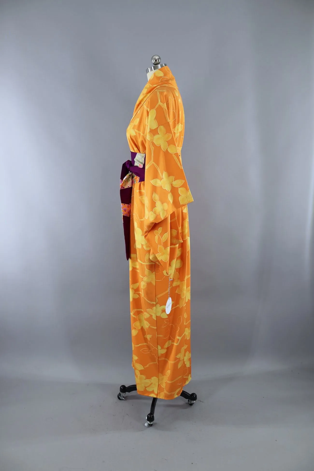 Vintage Silk Kimono Robe in Orange with Yellow Flowers