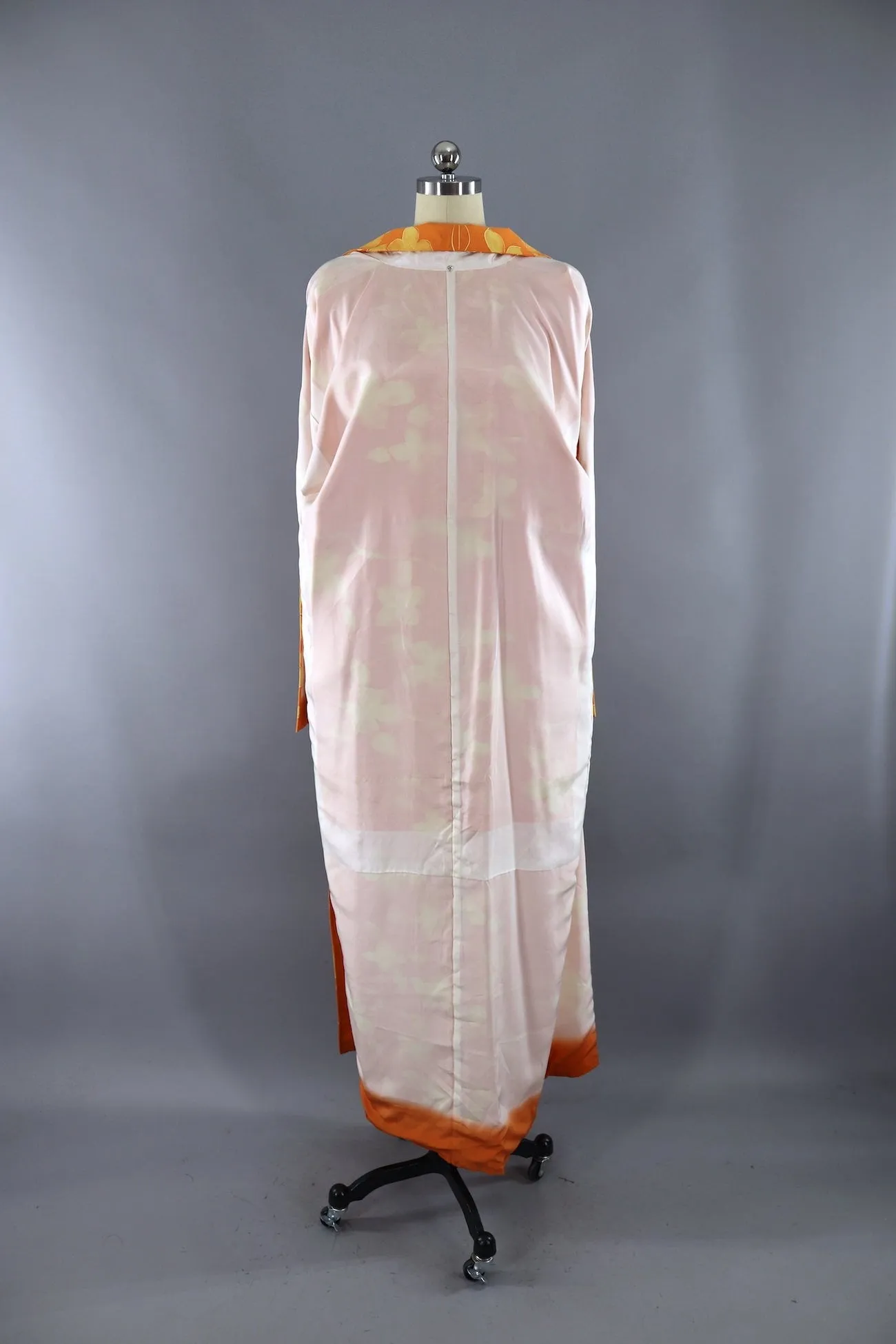 Vintage Silk Kimono Robe in Orange with Yellow Flowers