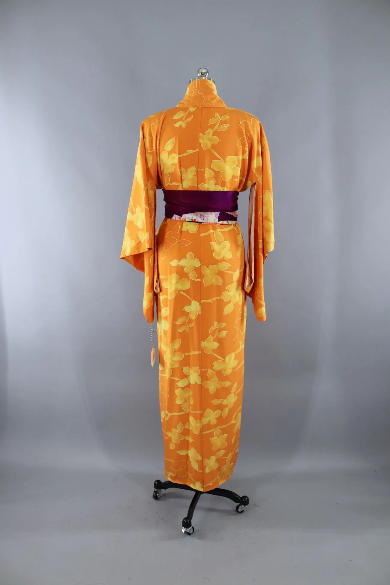 Vintage Silk Kimono Robe in Orange with Yellow Flowers