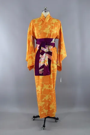 Vintage Silk Kimono Robe in Orange with Yellow Flowers
