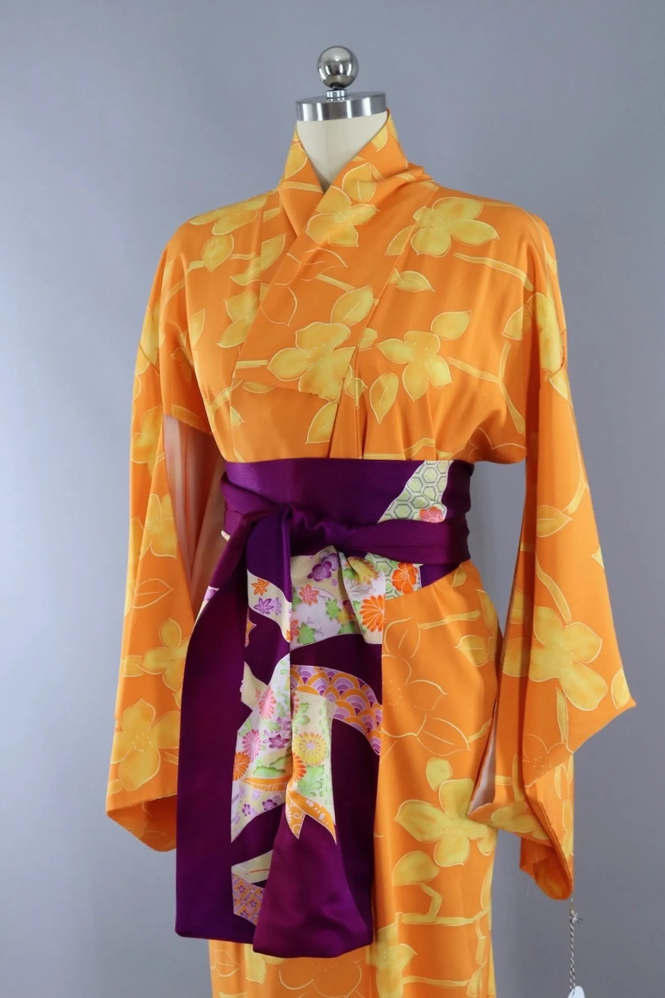Vintage Silk Kimono Robe in Orange with Yellow Flowers