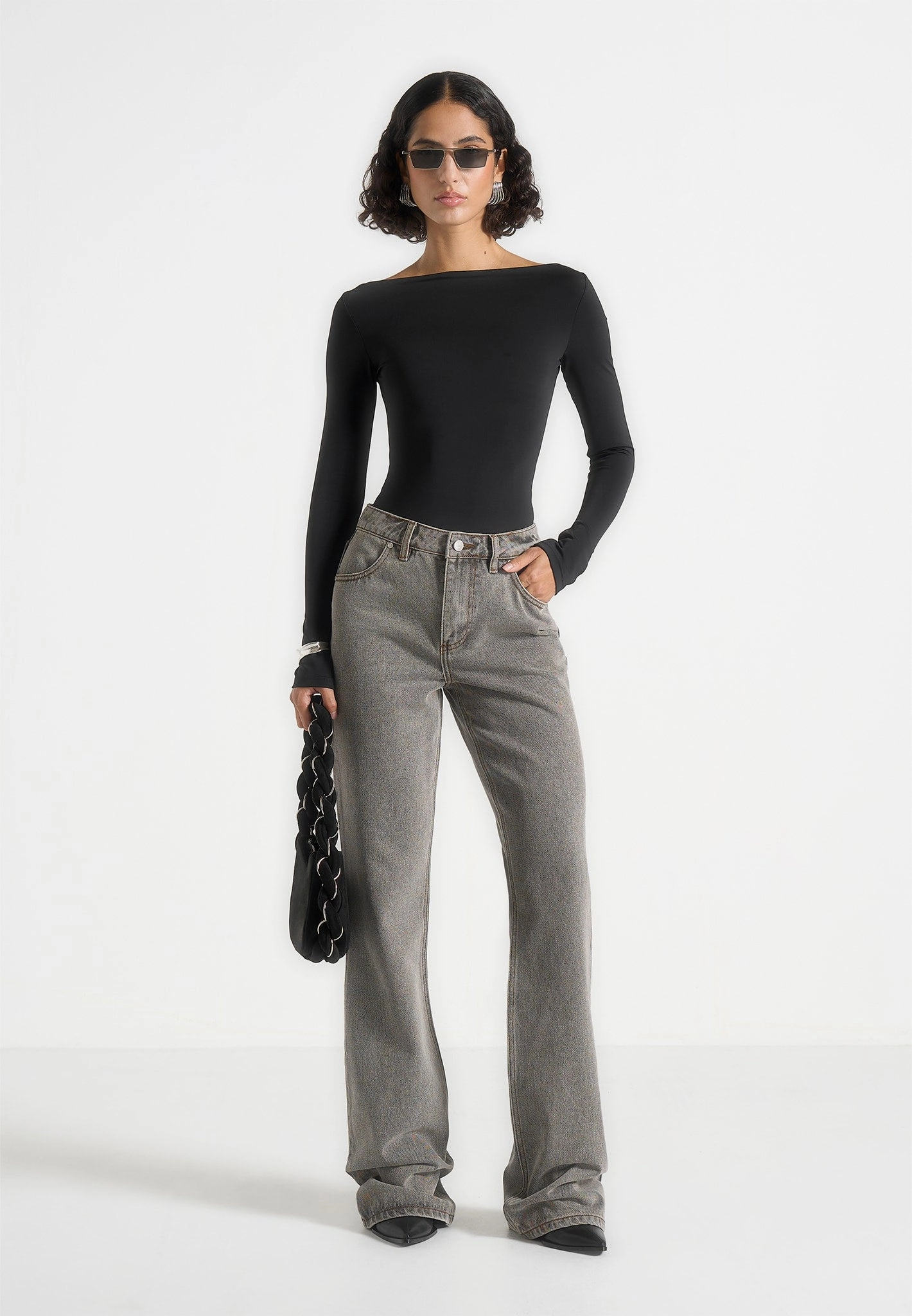 Abbie - Stacked Fit And Flare Jeans - Light Grey Durable Athlete Fit Travel Outfit Sleek Silhouette