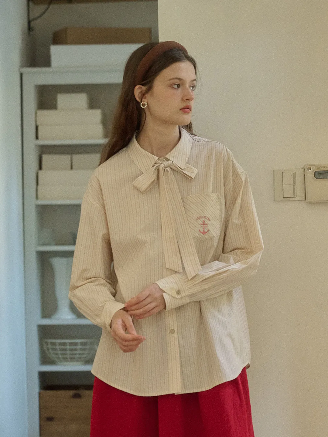 Variable Tension Adjustment Violeta Classic Lapel Bow Anchor Embroidery Pocket Stripe Shirt - Pink