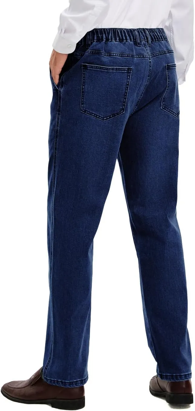 voeeron Mens Elastic Waist Jeans Relaxed Fit Men's Jeans with Elastic Waist with Zipper and Button