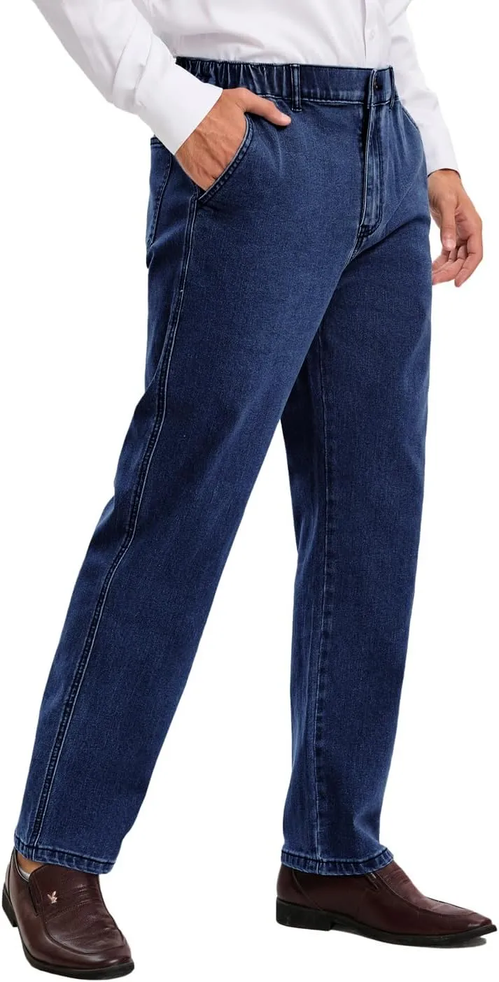 voeeron Mens Elastic Waist Jeans Relaxed Fit Men's Jeans with Elastic Waist with Zipper and Button