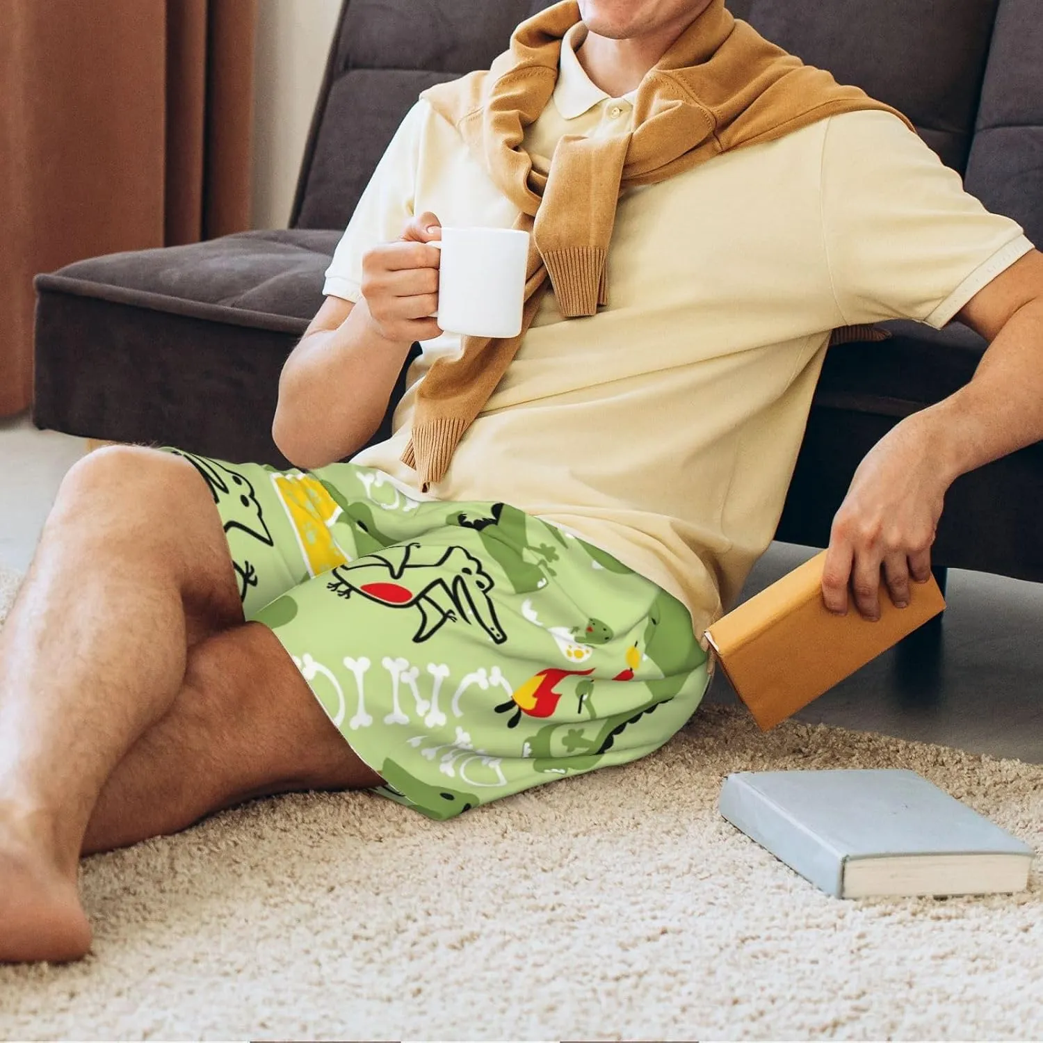 VOSERY mens pajama pants - Cute Dinosaurs Cartoon Comfy Sleep Shorts Mens Pajama shorts, mens lounge shorts pj pants