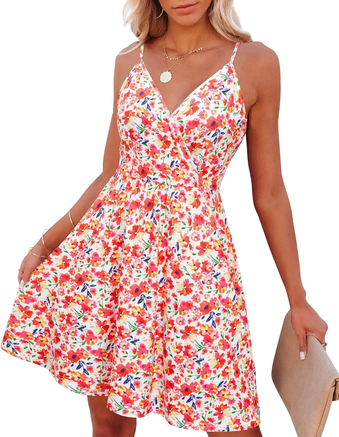 VOTEPRETTY Women's V-Neck Spaghetti Strap Dress Summer Casual Swing Sundress with Pockets