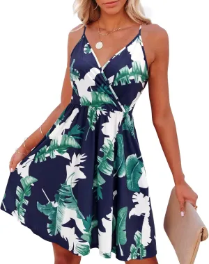 VOTEPRETTY Women's V-Neck Spaghetti Strap Dress Summer Casual Swing Sundress with Pockets