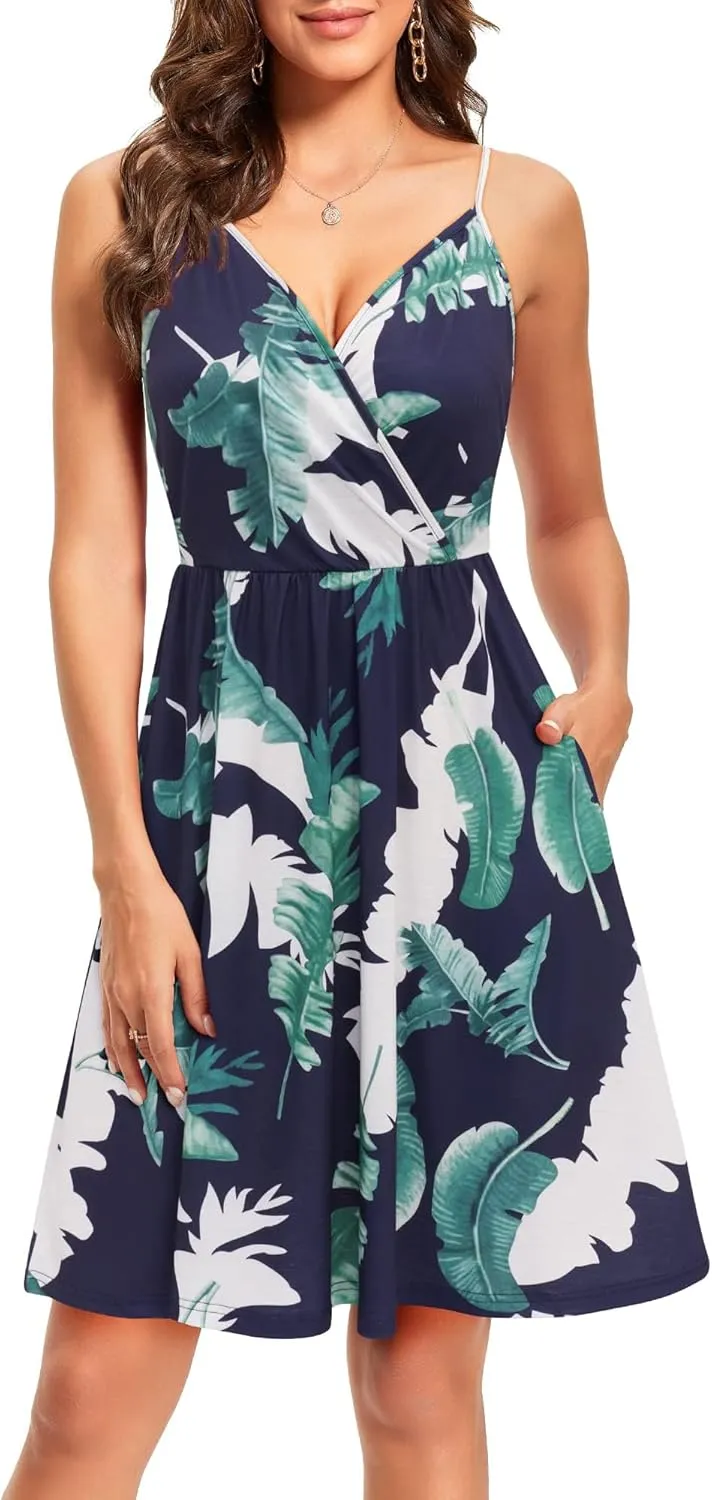 VOTEPRETTY Women's V-Neck Spaghetti Strap Dress Summer Casual Swing Sundress with Pockets