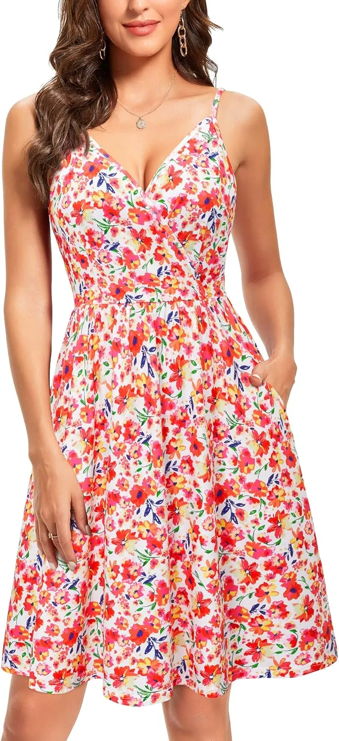 VOTEPRETTY Women's V-Neck Spaghetti Strap Dress Summer Casual Swing Sundress with Pockets