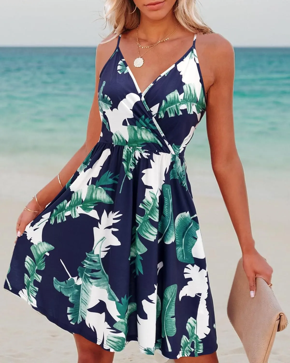 VOTEPRETTY Women's V-Neck Spaghetti Strap Dress Summer Casual Swing Sundress with Pockets