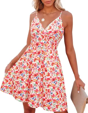 VOTEPRETTY Women's V-Neck Spaghetti Strap Dress Summer Casual Swing Sundress with Pockets