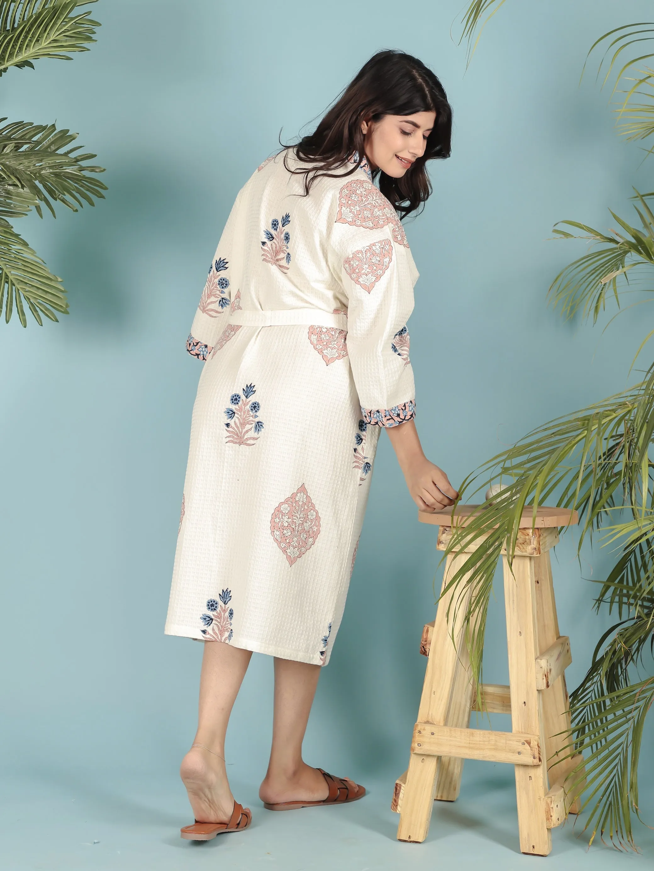 Waffle Cotton Handblock Printed Unisex Bathrobe