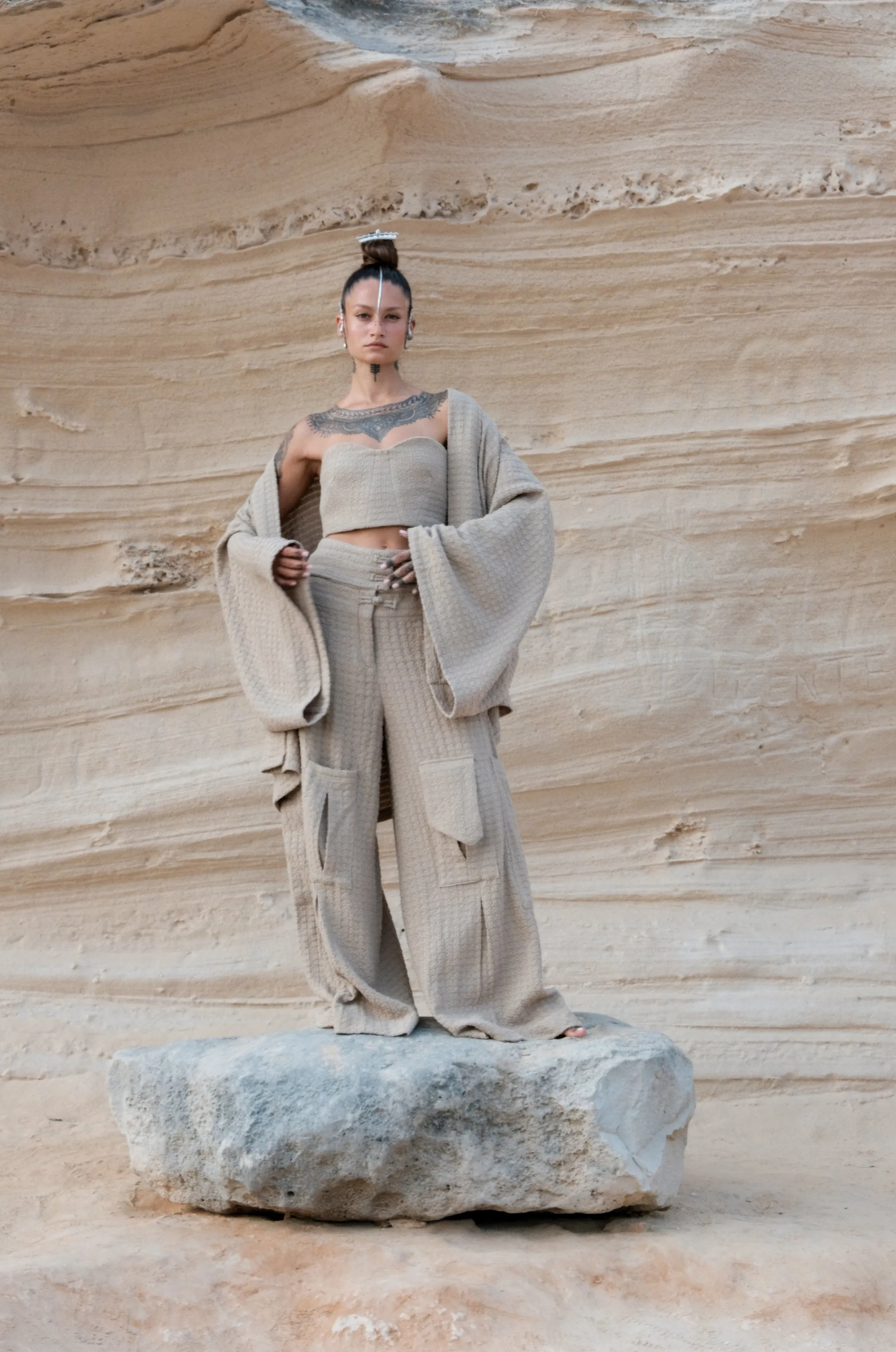 Waffle Knit Cargo Pants in Sand