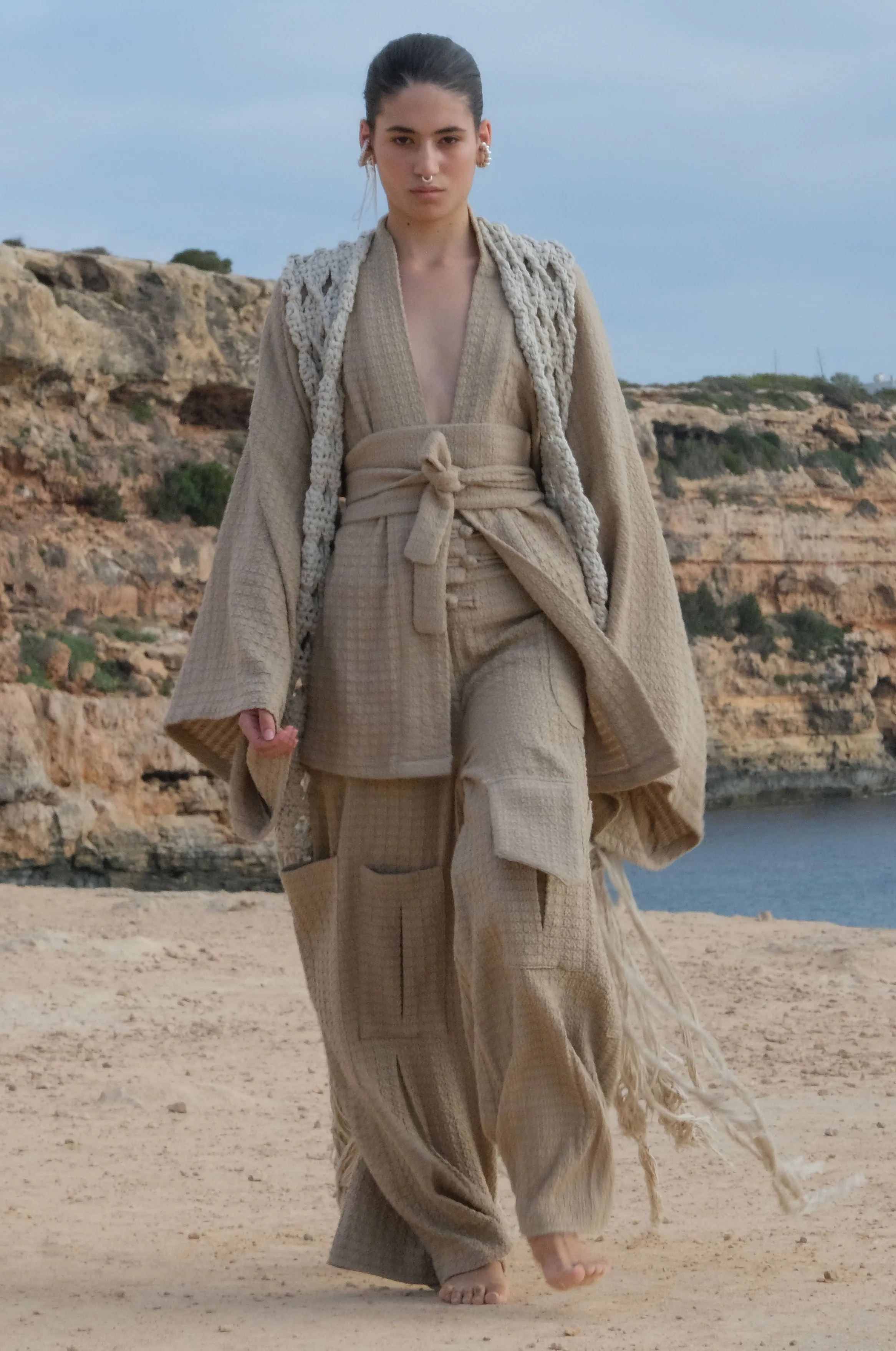 Waffle Knit Cargo Pants in Sand