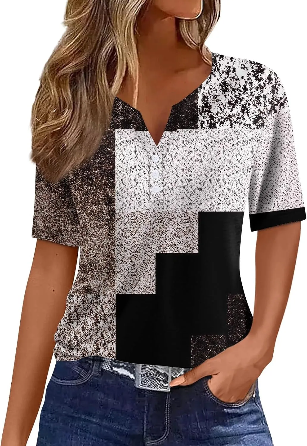 WANZZXCSL Women's T-Shirts Button Down Tunic Tops Short Sleeve Floral Printed Blouse Henley V Neck Summer Clothes 2025