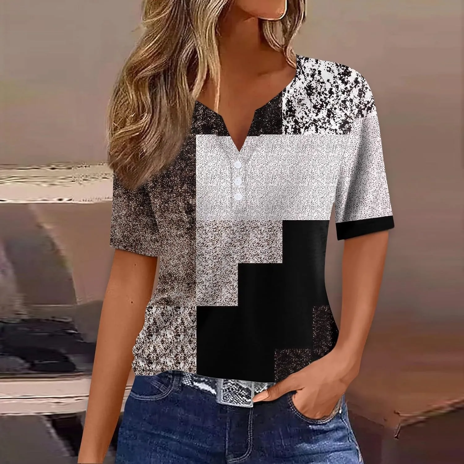 WANZZXCSL Women's T-Shirts Button Down Tunic Tops Short Sleeve Floral Printed Blouse Henley V Neck Summer Clothes 2025