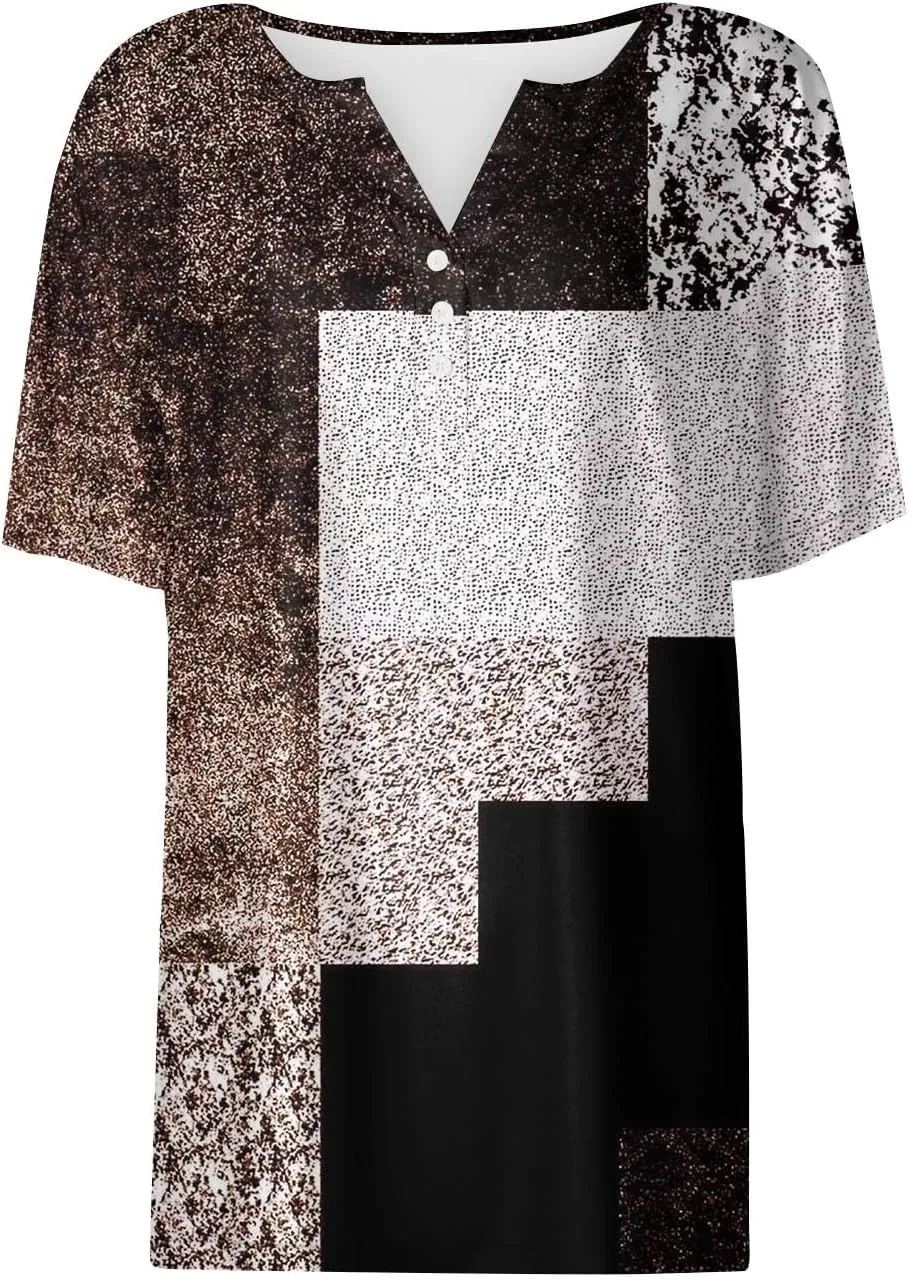 WANZZXCSL Women's T-Shirts Button Down Tunic Tops Short Sleeve Floral Printed Blouse Henley V Neck Summer Clothes 2025