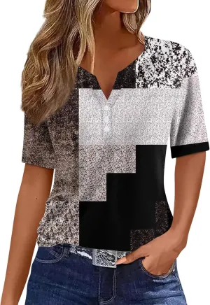 WANZZXCSL Women's T-Shirts Button Down Tunic Tops Short Sleeve Floral Printed Blouse Henley V Neck Summer Clothes 2025