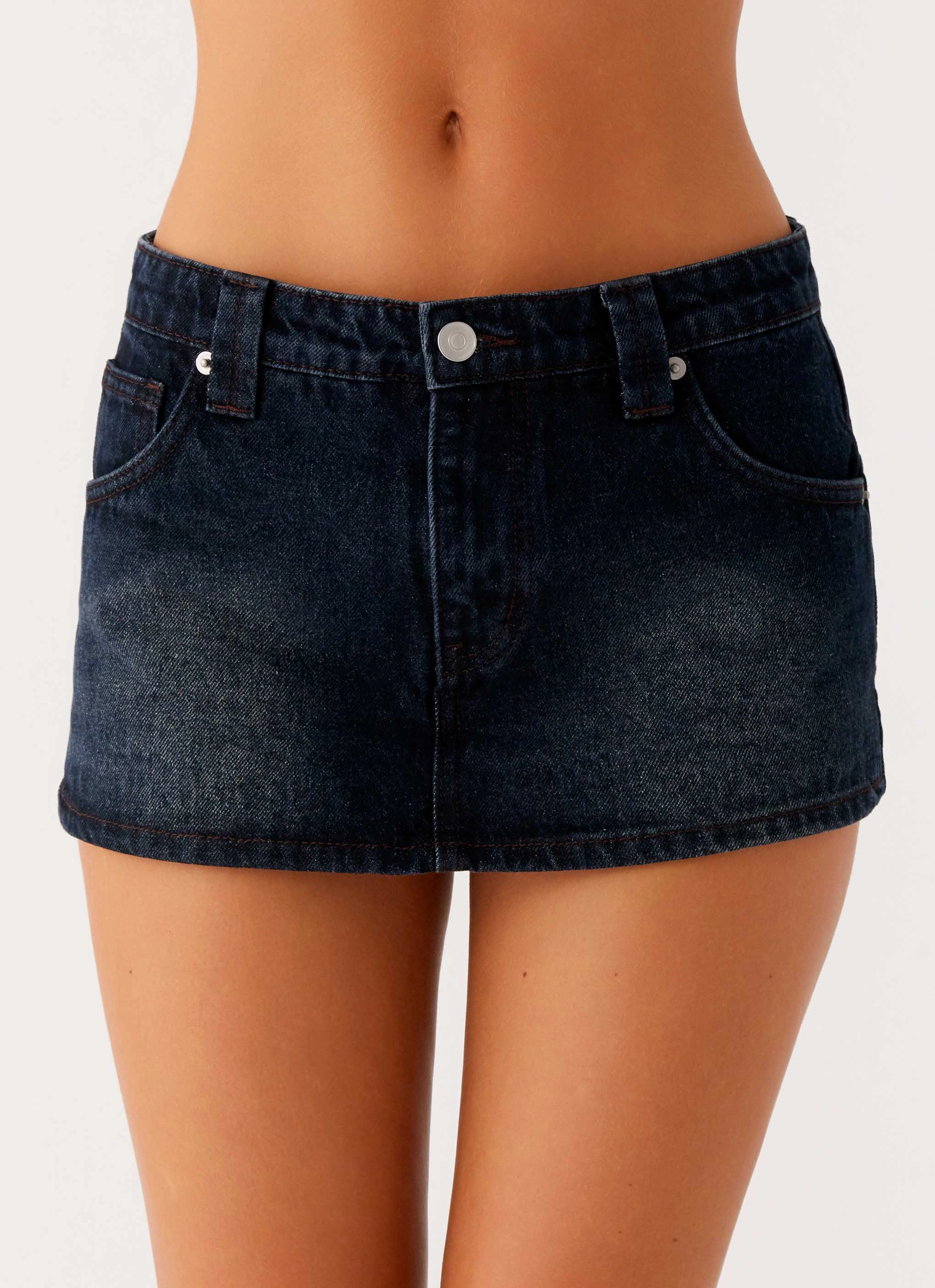 Slip Resistant Waist Winter Staple Tropics Low Rise Denim Mini Skort - Washed Dark Blue
