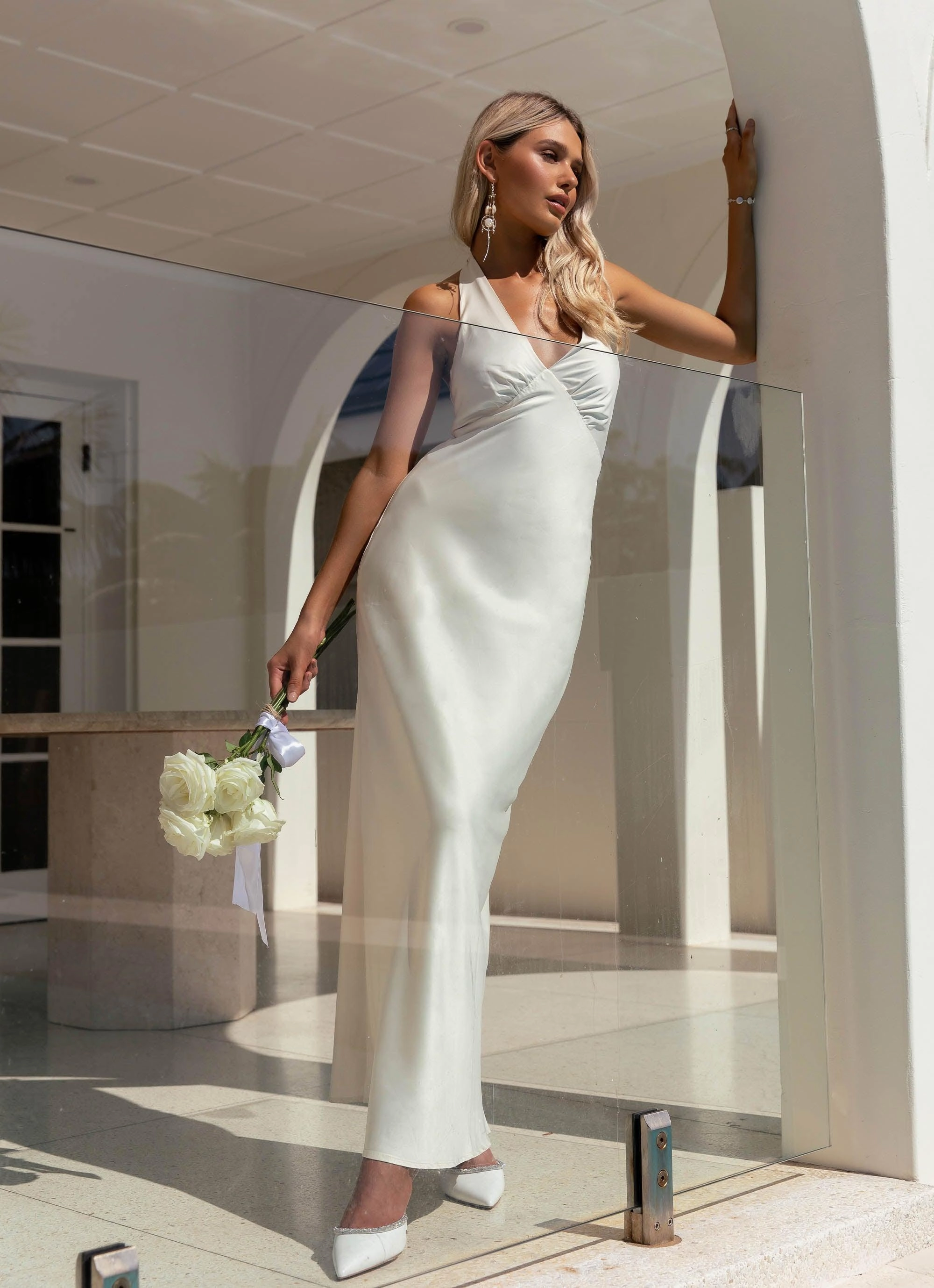 Coastal Soft Heavy Hearted Satin Maxi Dress - Pearl