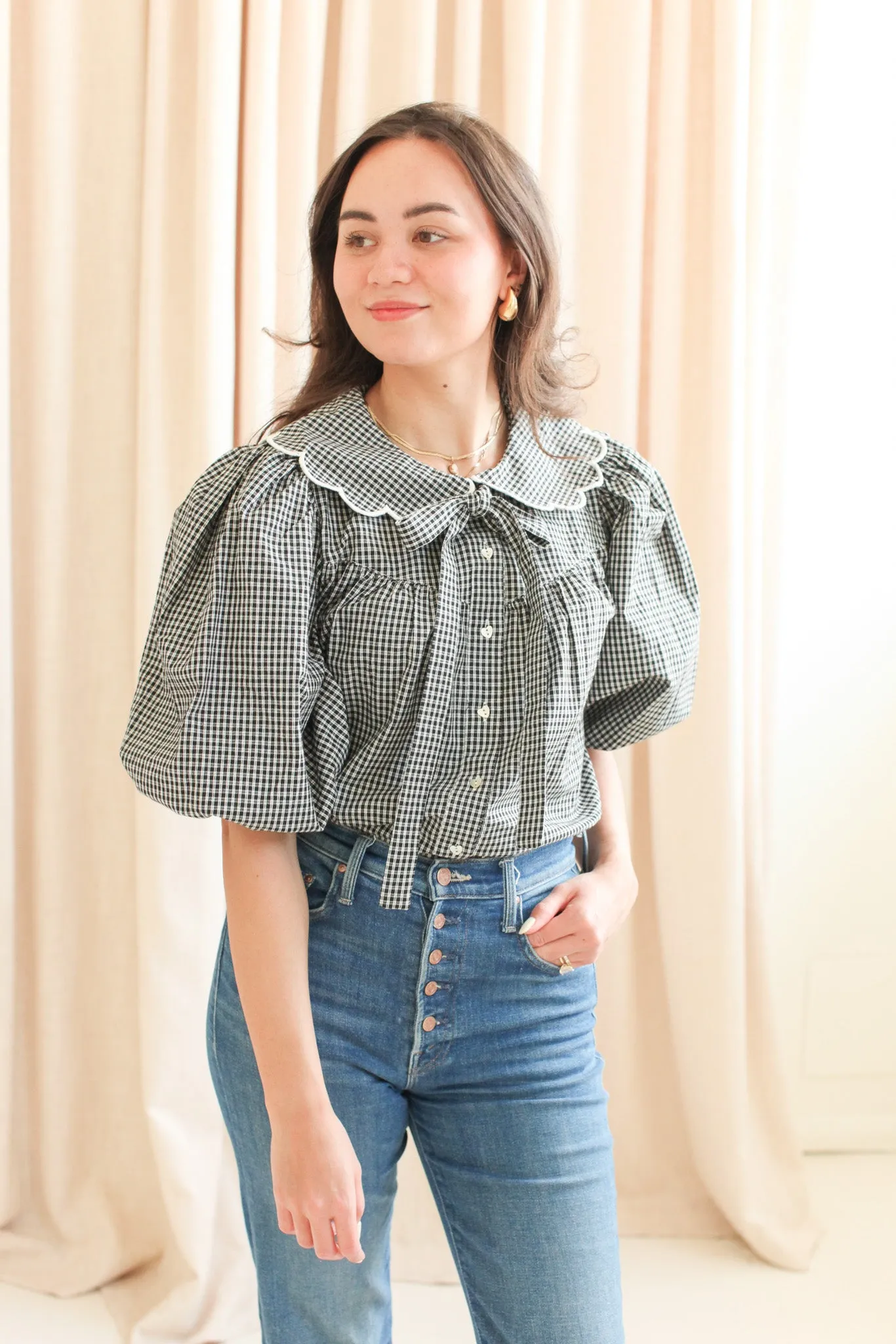 DropShoulder WrinkleFree Weave Katherine Scalloped Blouse - Black