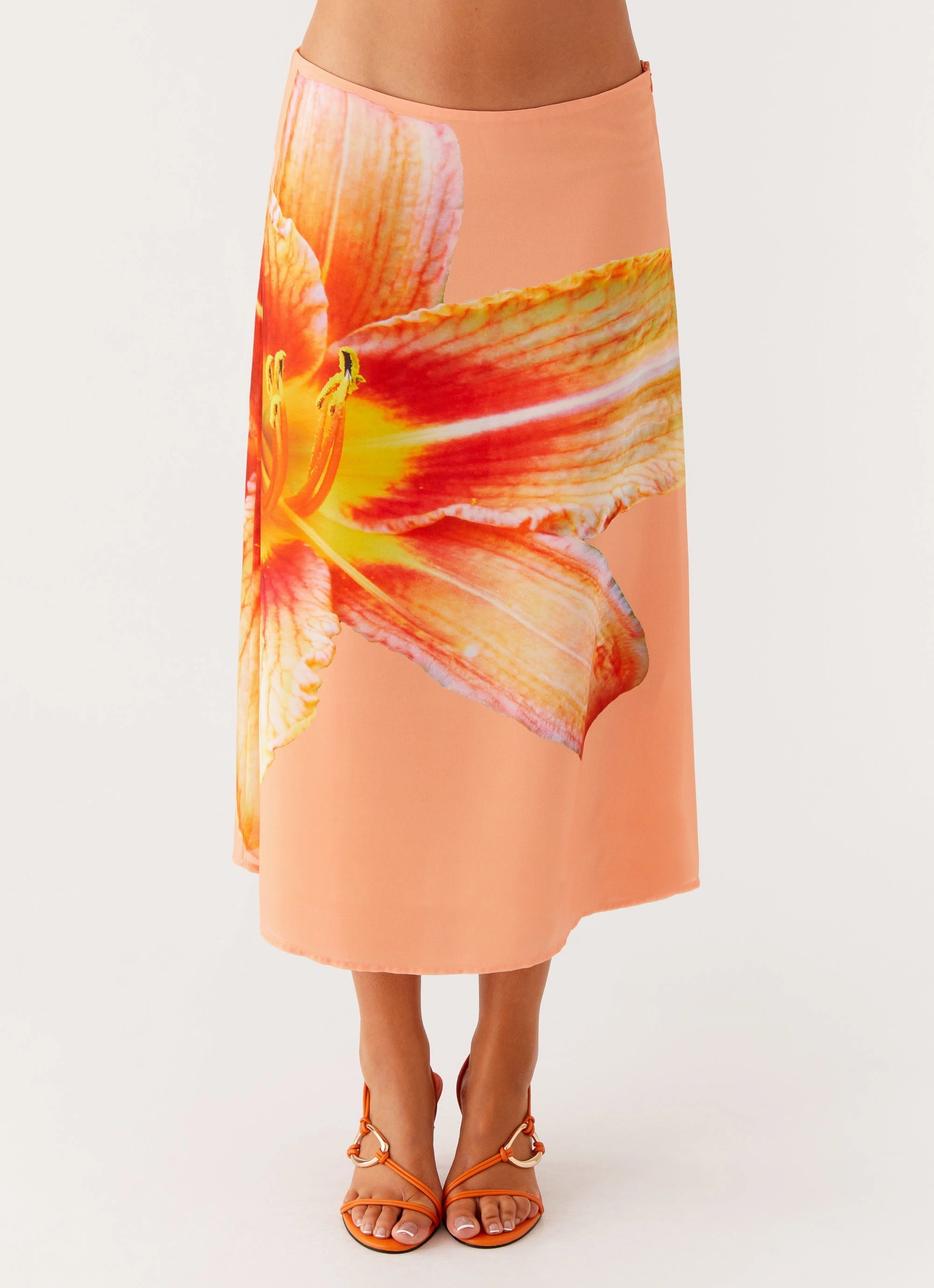 music concert Tear Resistant Summertime Midi Skirt - Orange Floral
