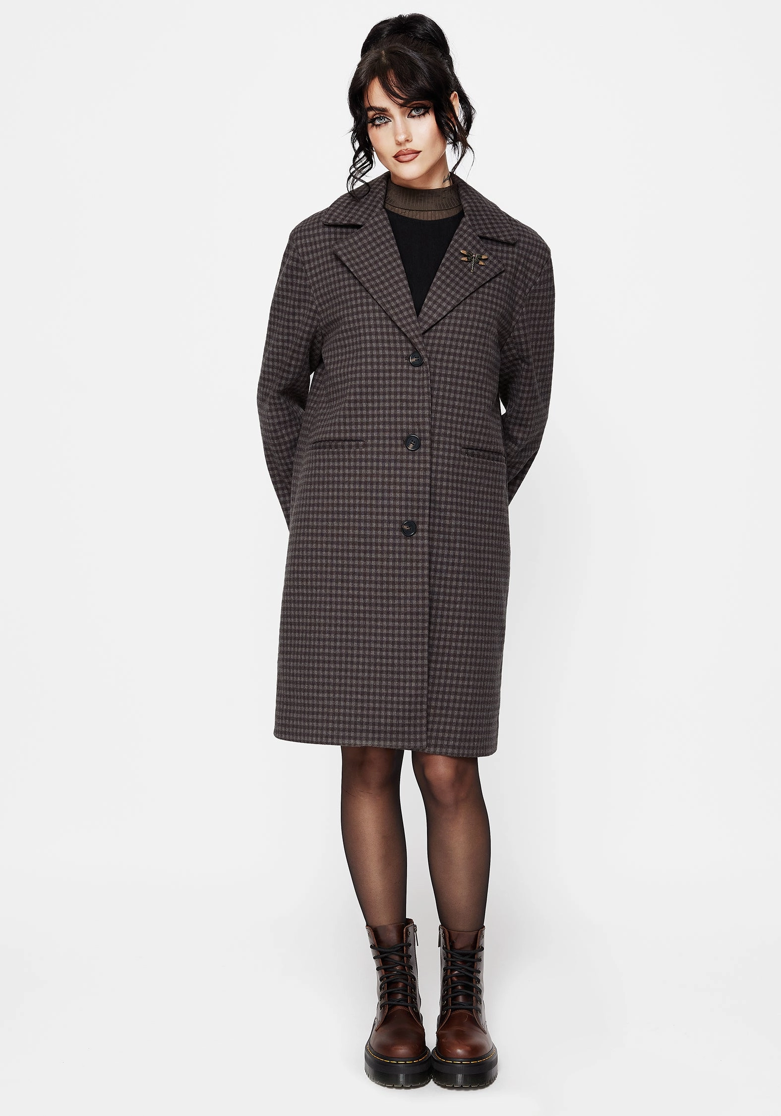 Flexible Hood Design Thermal Insulated Pilgrim Gingham Coat With Dragonfly Brooch