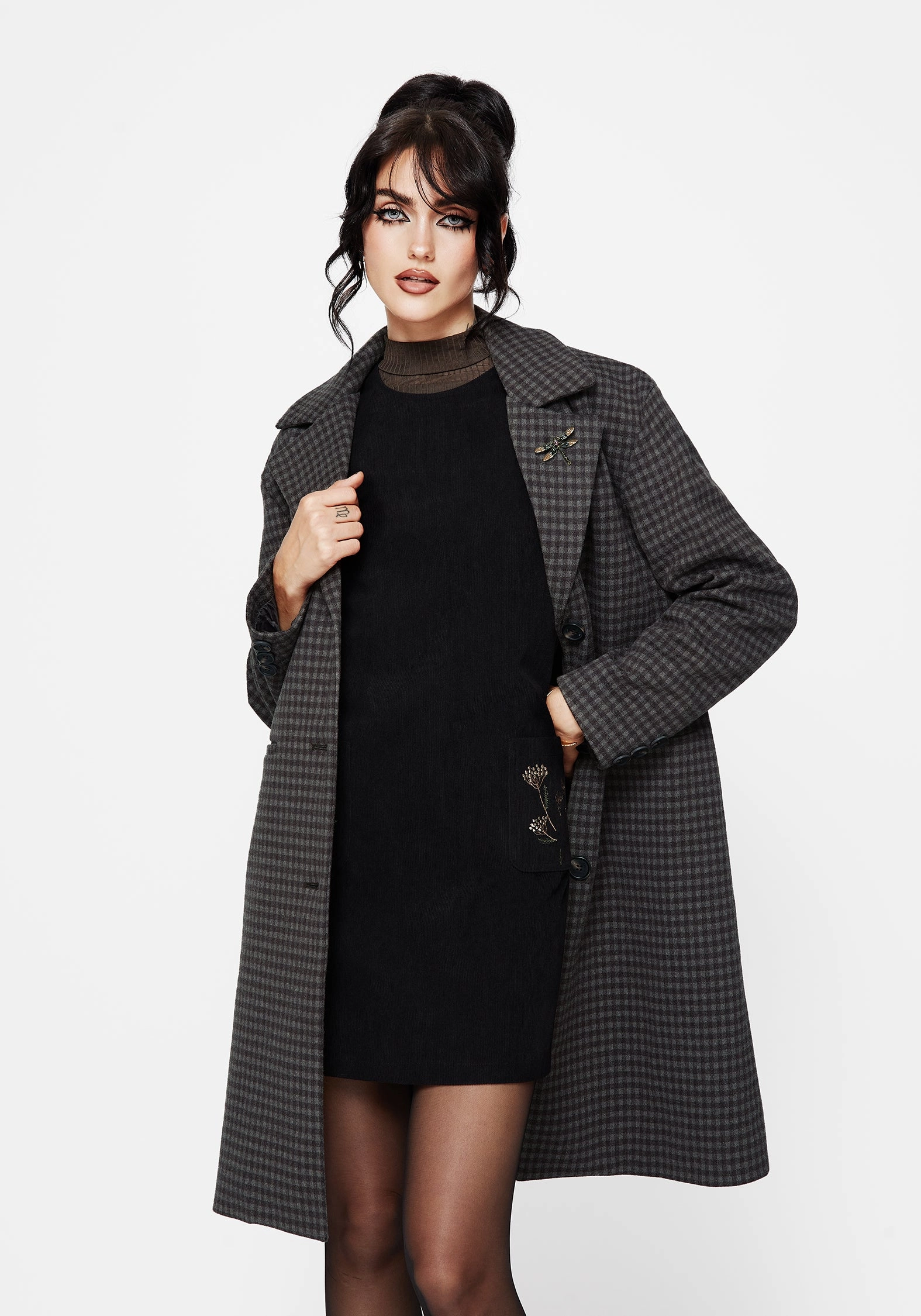 Outdoor Activity Classic Zip Up Pilgrim Gingham Coat With Dragonfly Brooch