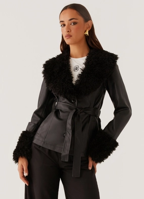 High Collar Support college Street Lights Fur Trim Jacket - Black