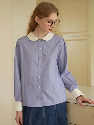Luz Blue & White Striped Peter Pan Collar Contrast Cotton Shirt Odor Resistant Material