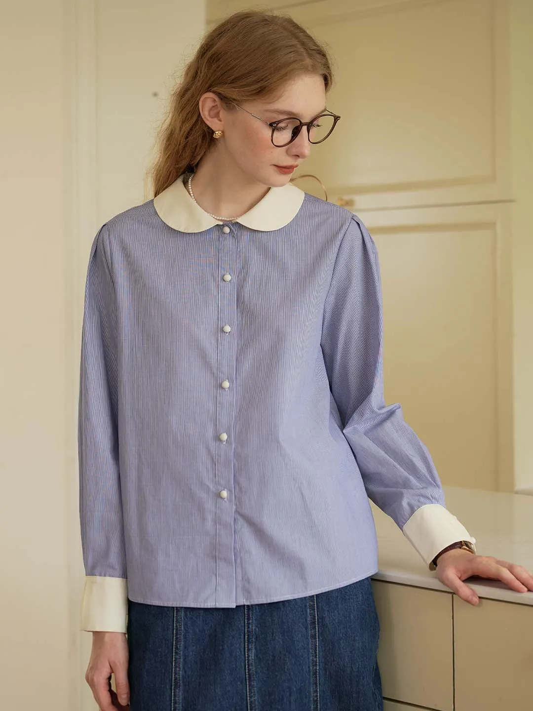 Luz Blue & White Striped Peter Pan Collar Contrast Cotton Shirt Bamboo Derived Material