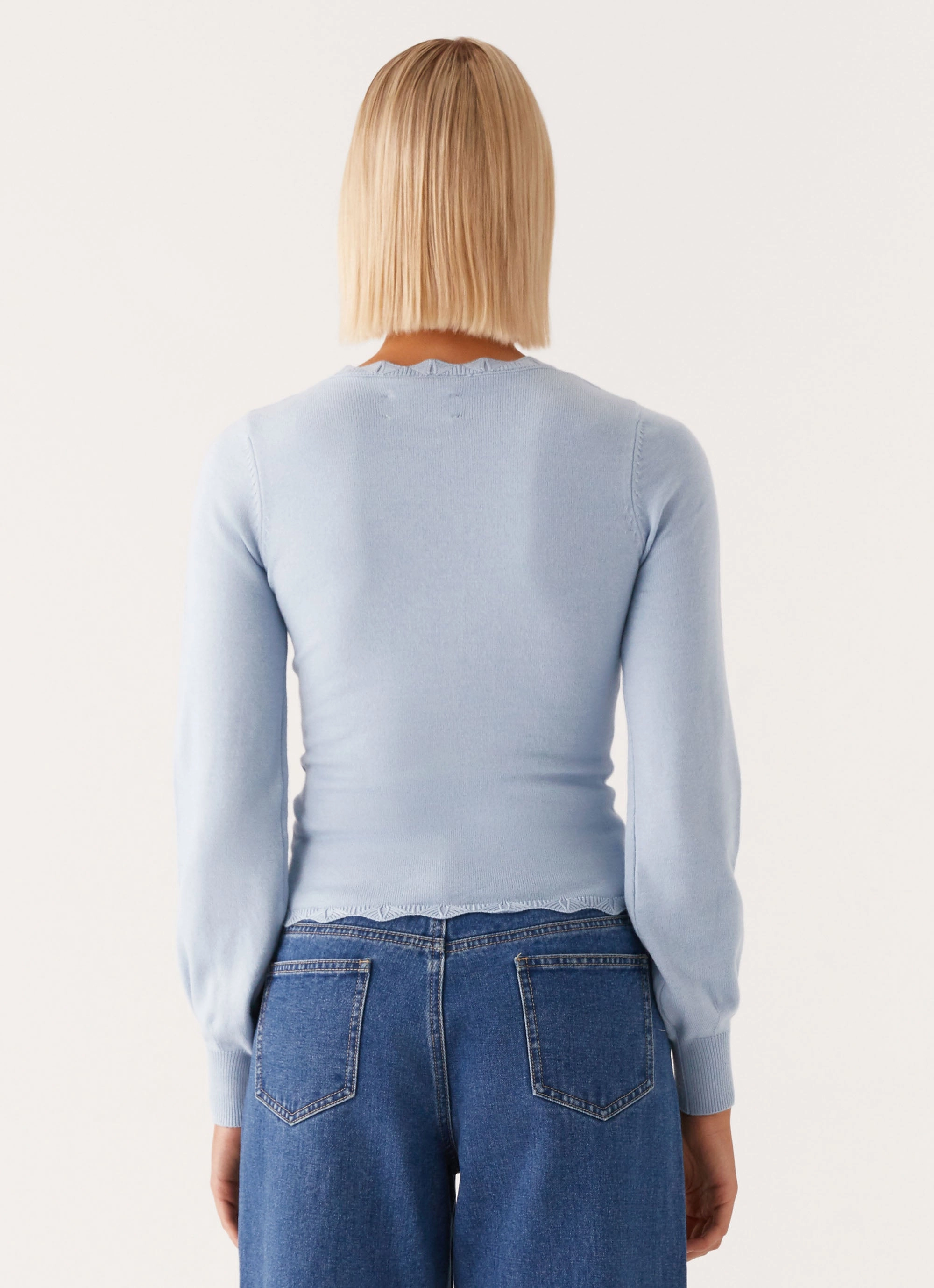 Mikah Lace Trim Cardigan - Baby Blue Flexible Elbow Patches