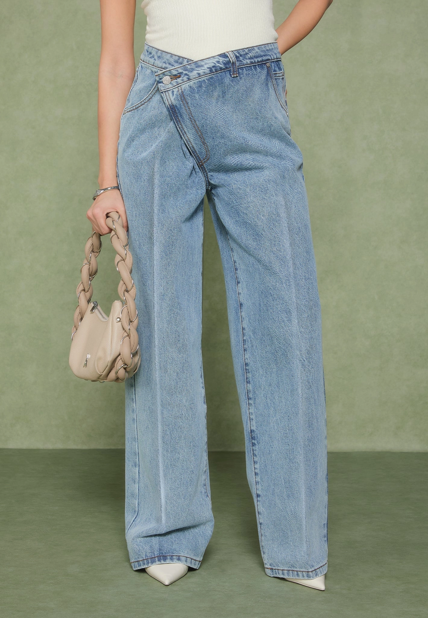 Modern Casual Relaxed Comfort Astrid - Wrapover Wide Leg Jeans - Mid Blue