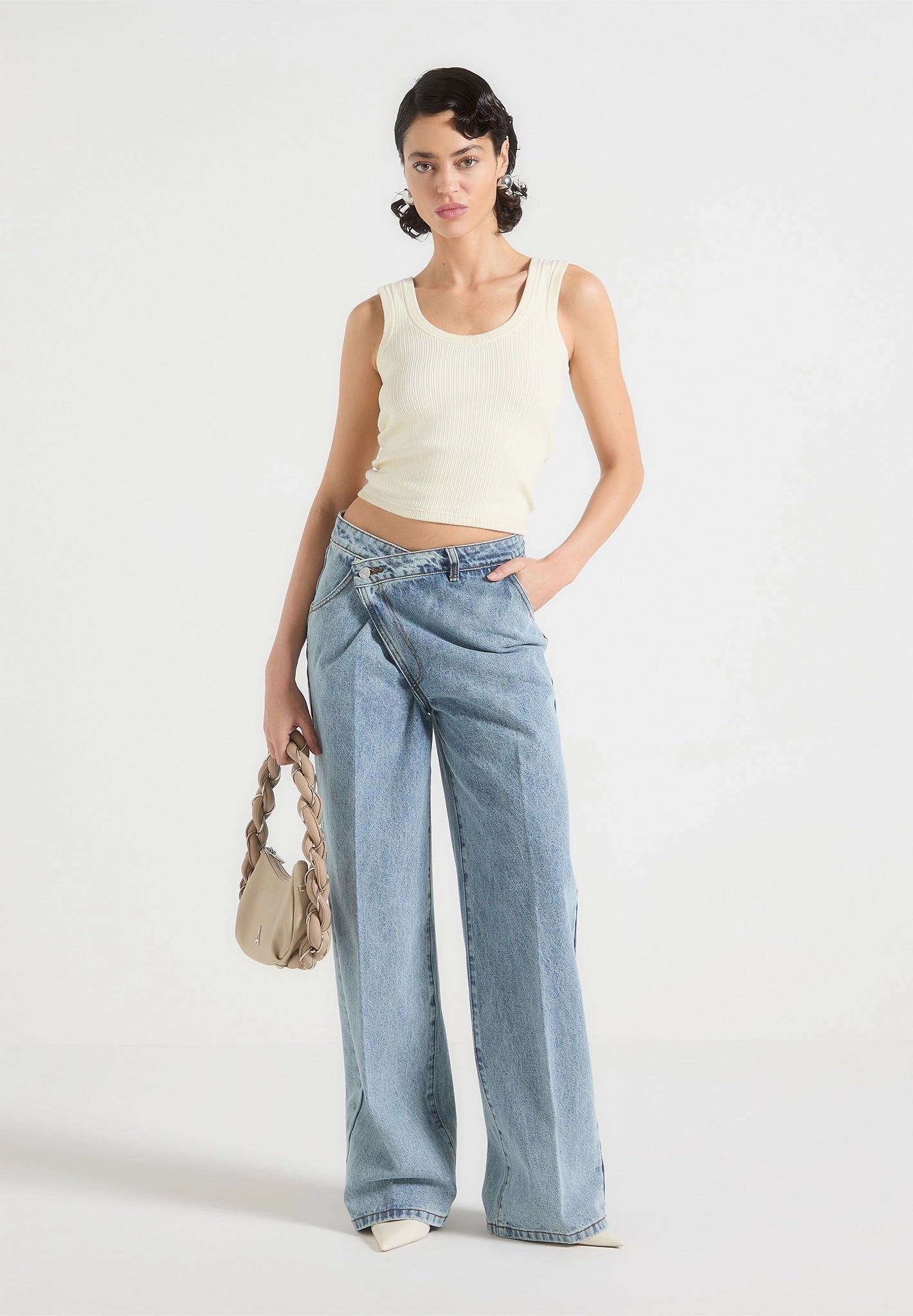 Soft Finish Astrid - Wrapover Wide Leg Jeans - Mid Blue