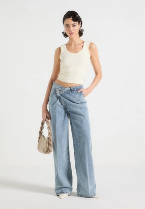 Soft Finish Astrid - Wrapover Wide Leg Jeans - Mid Blue
