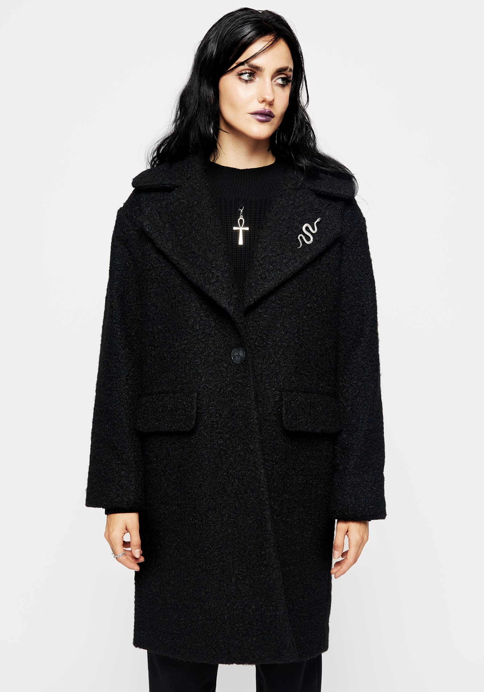 Gorgon Boucl?? Oversized Coat with Snake Brooch - Black Eco Friendly Padding Compression Storage