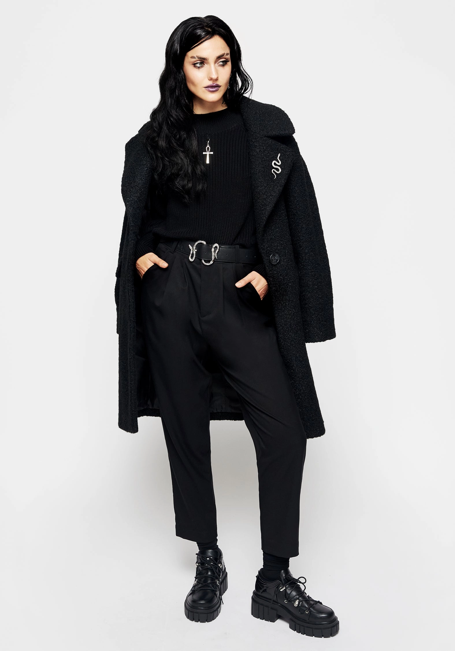 Multi Directional Stretch Gorgon Boucl?? Oversized Coat with Snake Brooch - Black