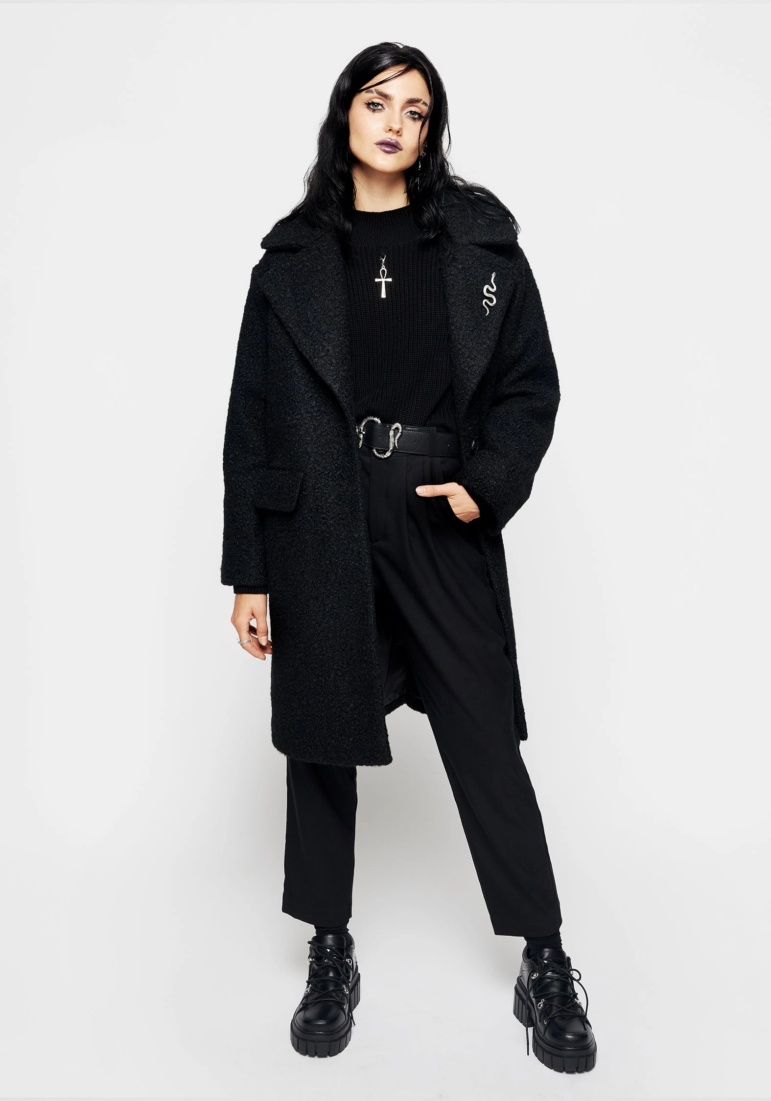 Oversized Fit Eco Conscious Production Gorgon Boucl?? Oversized Coat with Snake Brooch - Black