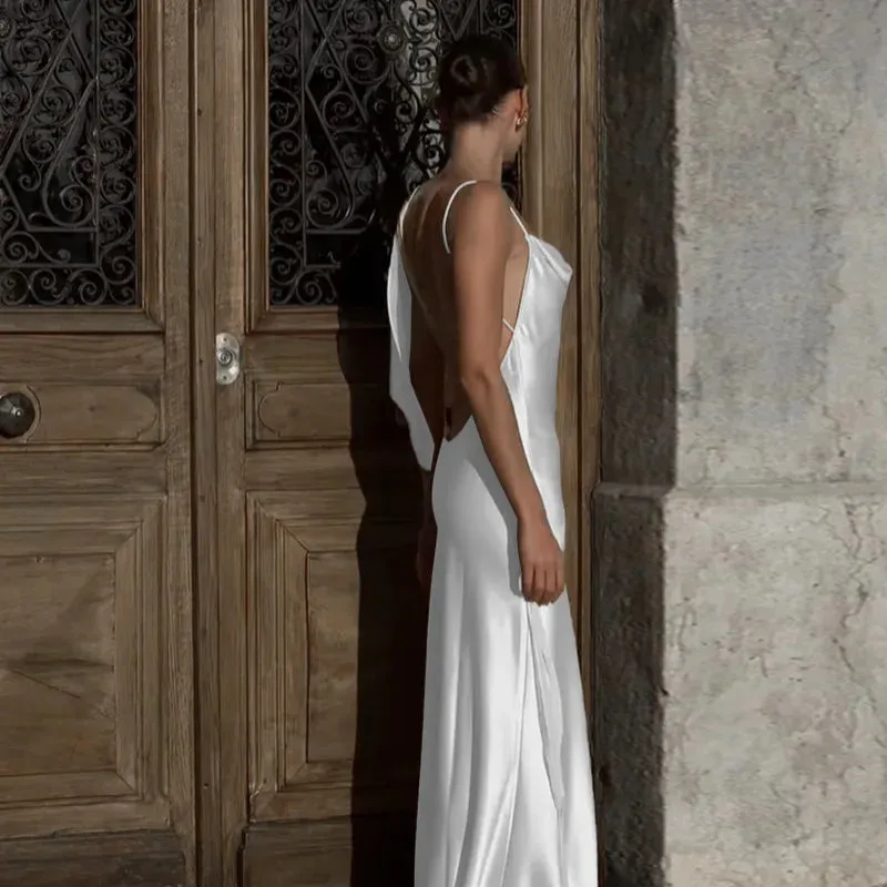 Wedding Day Women's Backless Satin Trumpet Maxi Dress