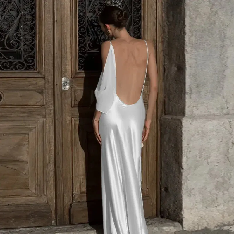 Wedding Day Women's Backless Satin Trumpet Maxi Dress