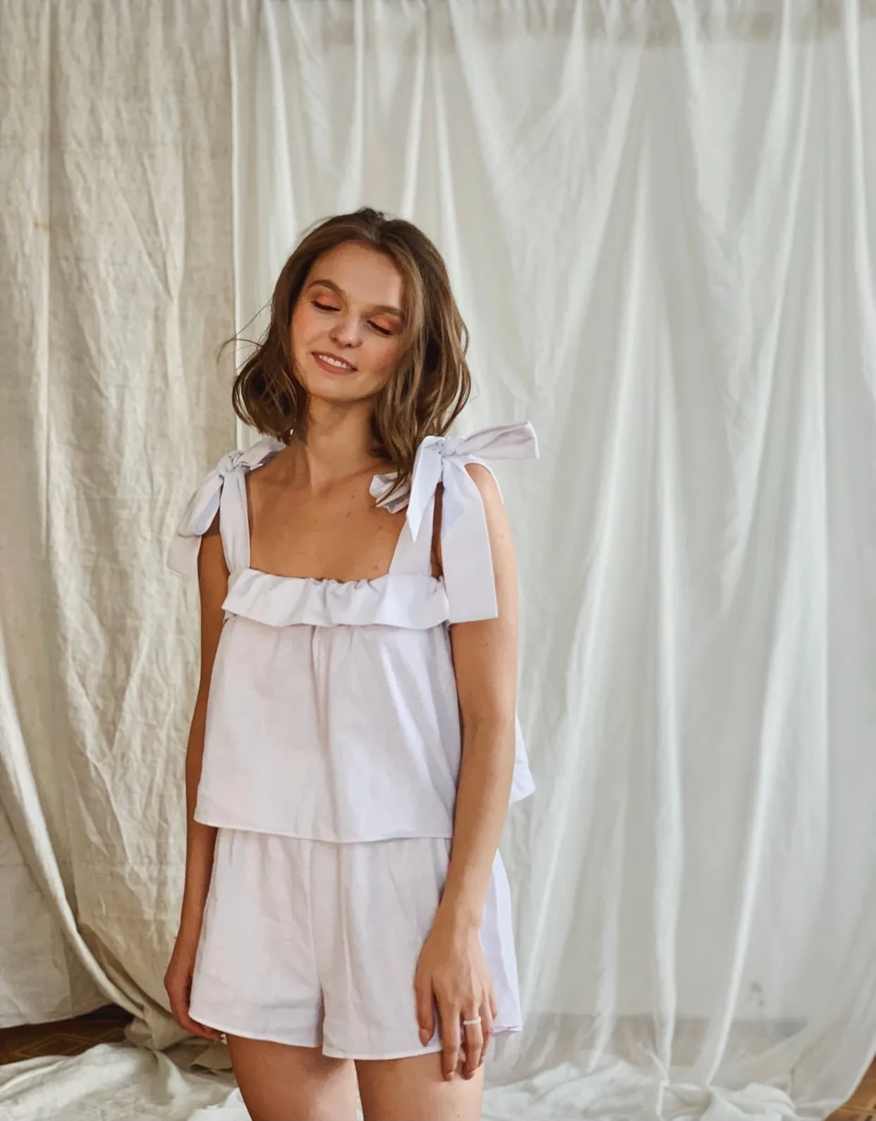 Wedding Linen Pajama, Linen Bridal Party Pajama White & Blue Set, Loungewear Linen Pajama, Christmas Gift for Girlfriend, Gift for Daughter